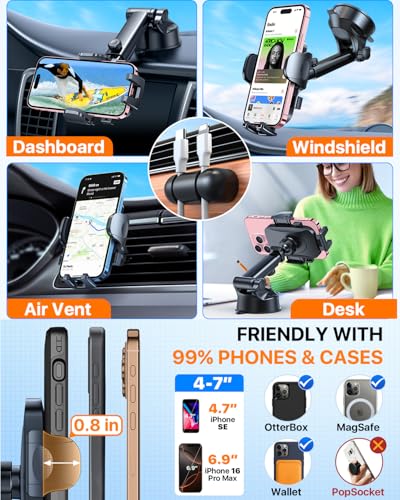 HTU 2025 Best Car Phone Holder【Ultimate 5-in-1 & Upgraded 100+LBS Strongest Suction】【True Military-Grade & Safety Cert】 Windshield Phone Mount, Dashboard Vent Stand for iPhone Android & Truck, Black - Image 5