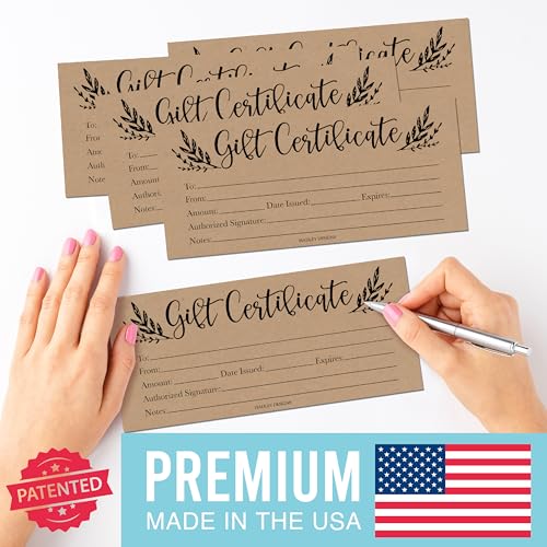 Hadley Designs 25 Blank Gift Certificates for Business 4x9 – Premium Christmas Gift Certificates Cards for Small Business, Holidays, Spa, Massage, Hair Salon, & Restaurant (Rustic Kraft)