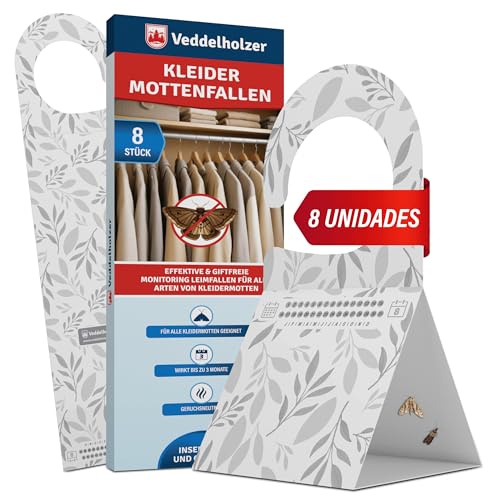 Veddelholzer 8X Trampa para polillas contra Las polillas de la Ropa en el Armario Trampa Triangular con Gancho y Superficie Adhesiva Inodora y no tóxica Protección eficaz contra Las polillas