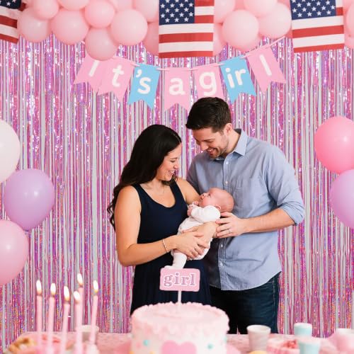 Image of Pink Foil Fringe Curtains Party Decorations, 3.28x6.56ft Sparkling Streamer Tinsel Backdrop for Girls /Princess Birthday Party