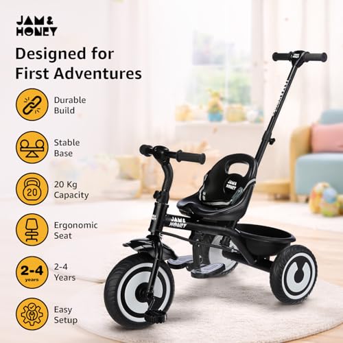 Image of Amazon Brand - Jam & Honey Tricycle for Kids | Seatblet, Parental Handle, & Storage Basket | ISI & BIS-Compliant | for Boys and Girls 2 to 4 Years | 73 x 46 x 90 cm | Black