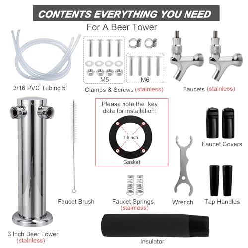 All Stainless Steel Kegerator Tower Dual Faucet Beer Tower Double Tap Beer Tower Dispenser Beer Tap Kegerator Parts Stainless Steel Tower Faucet Preassembled Tubing 3\" Keg Tower Beer Keg Faucet (SS) - Thumbnail 3