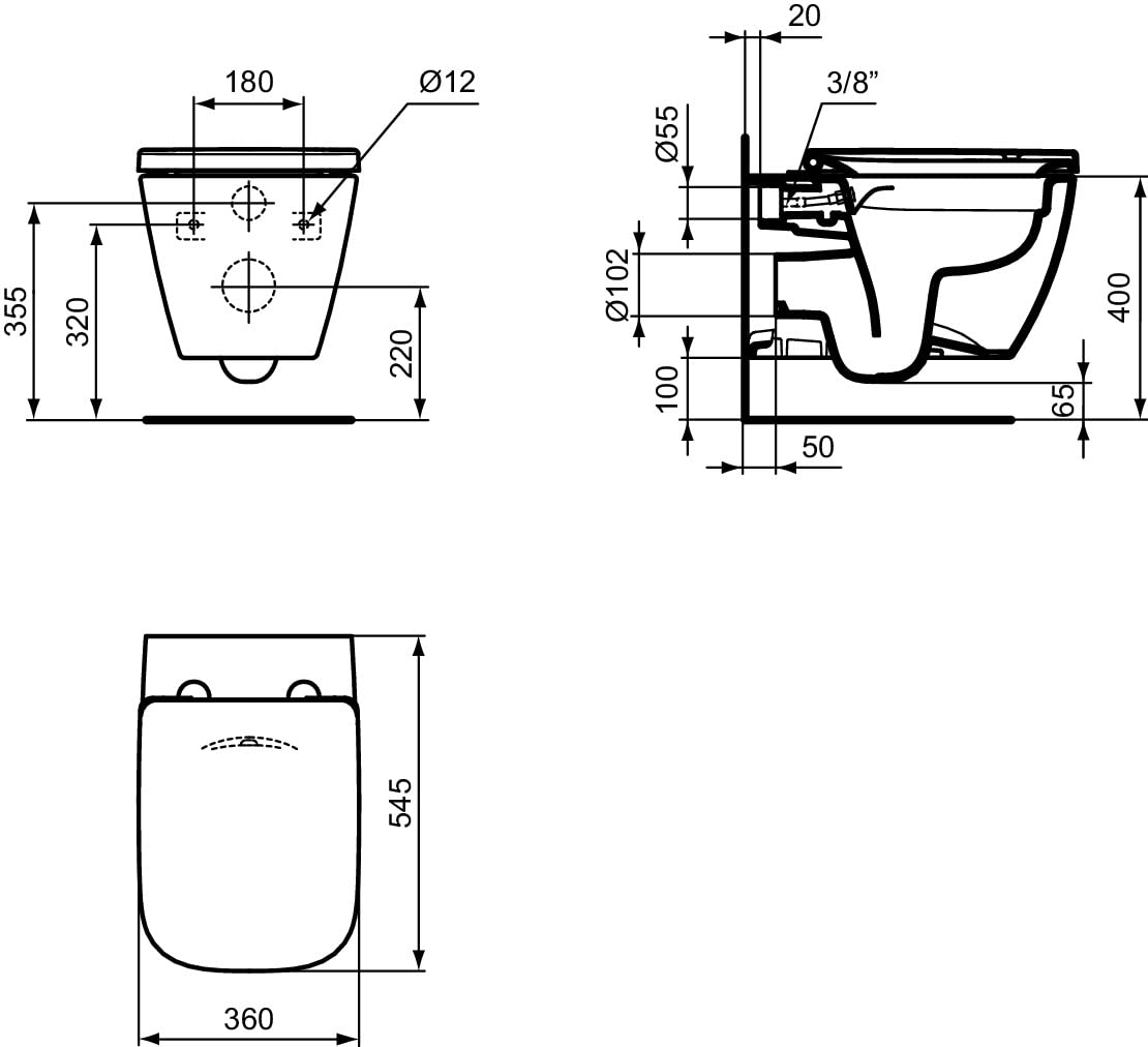 Ideal Standard i.life B wisząca muszla klozetowa z CL1 pełne spłukiwanie 3,9-6 l/min, poziome wyjście, bez obramowania, zajmuje mało miejsca – biała (360 x 545 x 380)