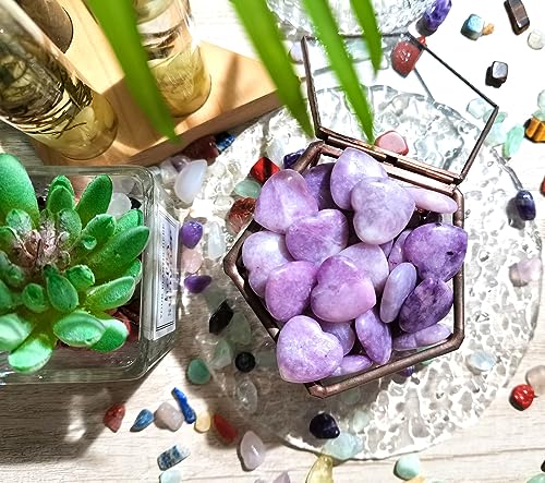Image of QINJIEJIE 20PCS Lepidolite Heart Stones Crystals Bulk Love Shaped Worry Stone Heart Rock Pocket Polished Palm Gems Crystal Reiki Balancing Wholesale Carved Stone Decor Gift