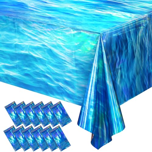 Image of Hallswl 12Pcs 54 x 108 Inch Iridescent Ocean Waves Plastic Tablecloths | Disposable Blue Table Cloth Rectangle Table Covers for Under the Sea Beach Pool Party Birthday Party Decorations