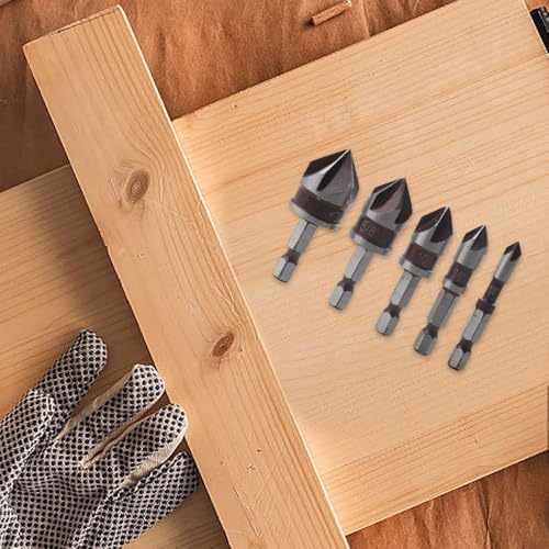 GYSRXS 5 Stück Senker Bohrer Set für Metall 82° 5-Schneidiges Senker Bit Kegelsenker mit 1/4 Zoll Sechskantschaft Verwendet für Metalle Mittlerer Härte, Holz, PVC