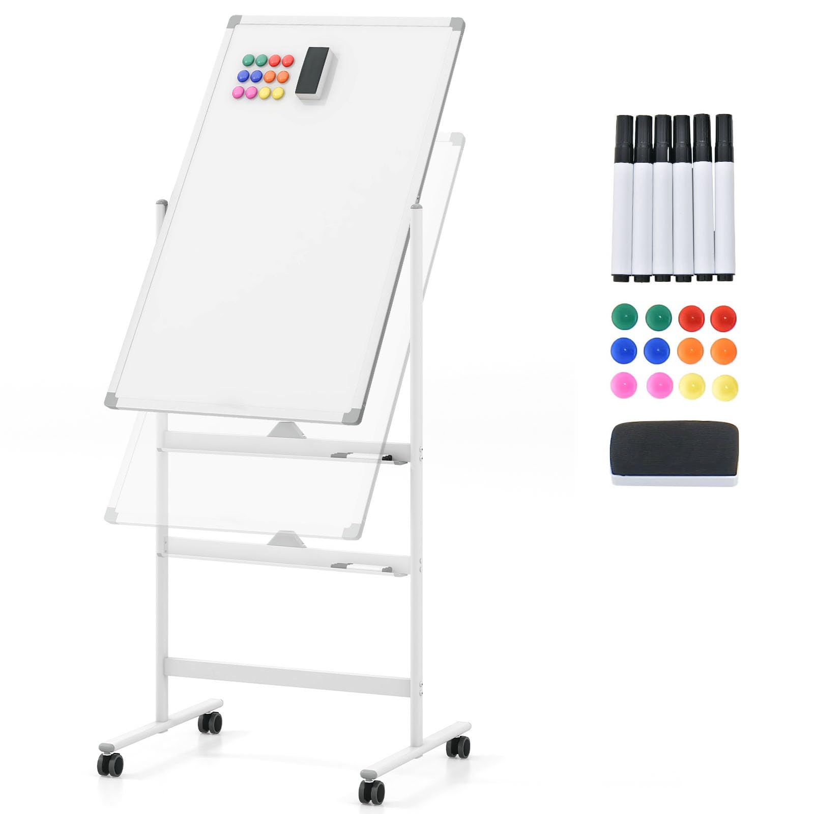 GIANTEX Doppelseitiges Mobiles Whiteboard, 60 x 90 cm, magnetisches Whiteboard höhenverstellbar mit Rollen & Ständer, Magnettafel mit Stiftablage, inkl. Zubehör, Trocken abwischbar (Weiß)