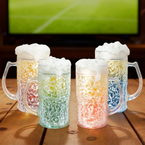 Image of Lily's Home Insulated Double Wall Gel-Filled Acrylic Frosted Freezer Beer Glasses, Great for Enjoying Brews at BBQs and Parties, Clear with Assorted Color Bases (14 oz. Each, Set of 4) - Mug Shape