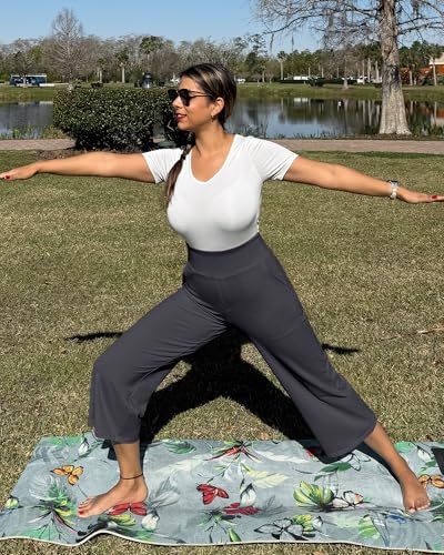 Image of G4Free Capri Pants for Women Wide Leg Yoga Dress Cropped Pants Capri Leggings with Pockets for Casual Summer