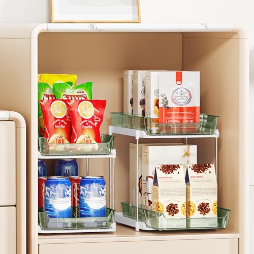 Image of Delamu 2-Tier Multi-Purpose Bathroom Under Sink Organizers and Storage, Stackable Kitchen Pantry Organization, Pull Out Medicine Cabinet Organizer with Movable Dividers, Light Green, 2 Pack