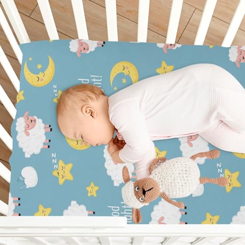 Image of Sheep Moon Blue Fitted Crib Sheet for Boys Girls Baby Breathable Crib Sheets for Crib Mattress,39 x 27 in