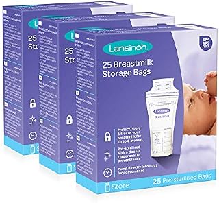 Lansinoh Breast Milk Storage Bags Breastmilk Pouches for fridge or freezer use, store flat or standing, BPA and BPS free, pre-sterilised, double zipper seal, Pack of 75