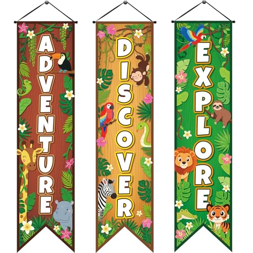 Image of Chiisong 3 Pcs Safari Party Decorations Jungle Banners Animal Safari Backdrops Adventure Explore Hanging Porch Sign for Wild Jungle Zoo Birthday Party 2026 VBS Classroom Home Door Wall Decor