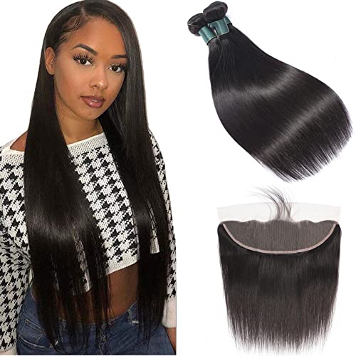 Brazilian Straight Hair 3 Bundles With Frontal (20 22 24+18 Frontal) 13x4 Ear to Ear Lace Frontal Closure With Bundles Unprocessed Virgin Human Hair Bundles With Frontal Natural Color