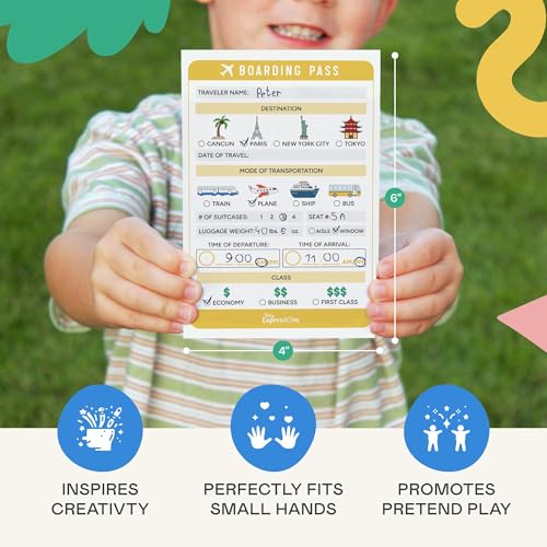 Image of Tiny Expressions Kids Pretend Play Notepads - 40 Pages Boarding Pass & 40 Pages Classroom Report Card Notepad - Travel Booking Agent and Teacher Imaginative Role Play - Playtime Activity Sheets
