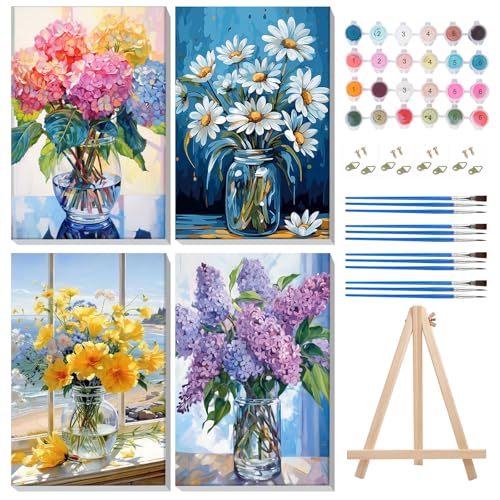 MISCER 4 Pack Flor Pintar con Numeros con Marco, Hortensia Pintura Pintar por Numeros Adultos Niños,Pintura DIY en Acrílico u Óleo, Adecuada para Decoración del Hogar 20X30cm