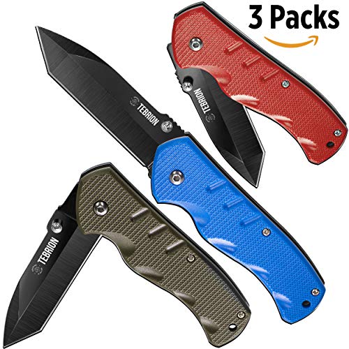 TEBRION 3 PACKS Folding Pocket Knife Liner Lock Black Stainless Steel Blade Blue,Red, and Army Green Value Set
