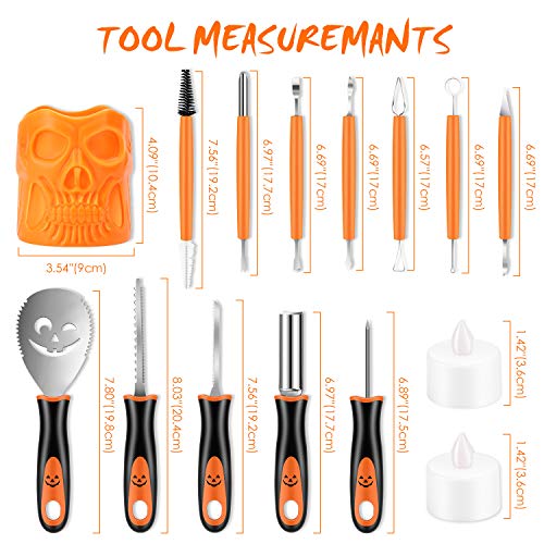 Lilpartner 13 PCS Pumpkin Carving Tools Kit with Non-slip Handle Heavy Duty Stainless Steel Carver Halloween Pumpkin Carving Set with 2 Candles and 6 Papers Engraving Templates - Thumbnail 2