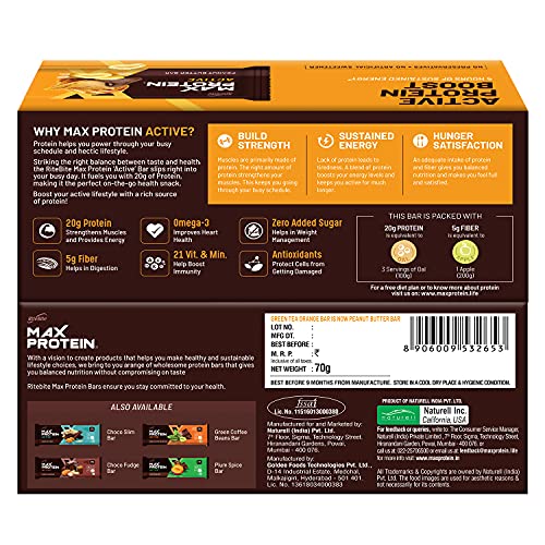 Image of RiteBite Max Protein Active Peanut Butter Protein Bars with 20g Protein, 5g Fiber & 21 Vit. & Minerals | 0 Added Sugar, No Cholesterol & Trans Fat For Upto 4h of Energy, Healthy Snack, 70g (Pack of 12)
