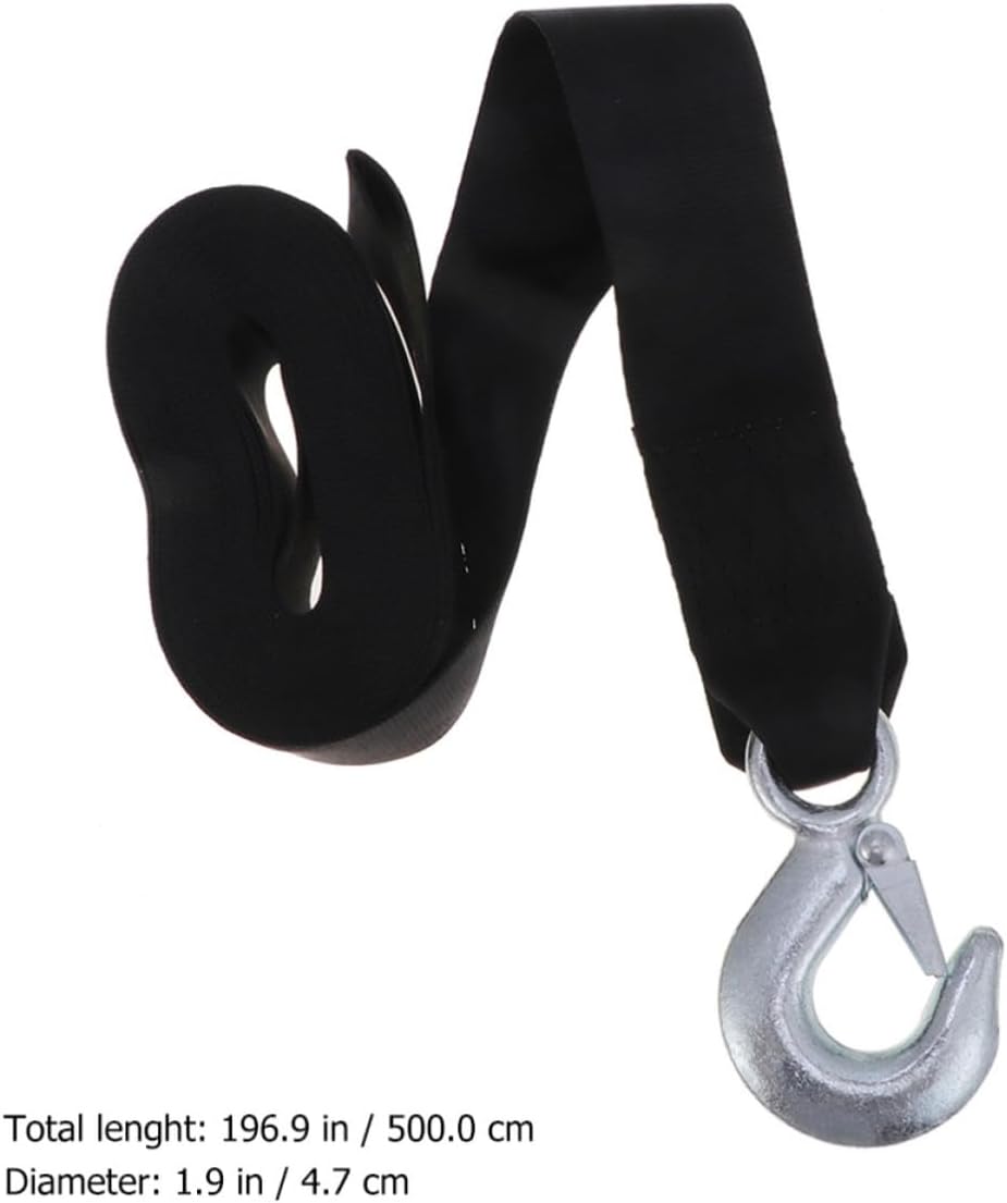 YARNOW Trailer Winch Strap Featuring Steel Hook and Vibration Reduction, 1.5 Ton Load Capacity, 4.7cm Wide Black Polyester Belt for Towing and Emergency Use