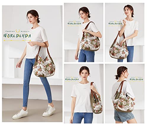 Image of Worldlyda Women Canvas Hobo Purse Multi Pocket Tote Shopper Shoulder Bag Casual Top Handle handbag with Embroidery Ethnic