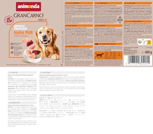 animonda GranCarno Hunde Nassfutter Single Protein Huhn pur (6x400g), getreidefreies Hundenassfutter ohne Zucker, für ausgewachsene Hunde, mit frischem Hühnerfleisch und Innereien
