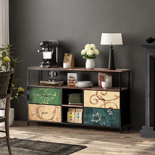 Aparador de Cocina y Comedor Estilo Industrial Con 4 Cajones, Mueble Almacenaje para Sala de Estar