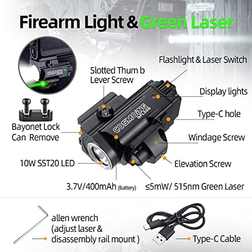 COSMOING Green Laser Light Combo, 800 Lumen USB Rechargeable Gun Flashlight Laser Sight Combo with Strobe Function for Pistol Handgun Rifles with Picatinny Rail Mount - 3