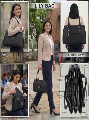 Image of Women's PU Leather Shoulder Handbag | Spacious 3 Compartment Tote Purse with Zip Closure & Multiple Pockets | Top Handle Office College Travel Handbag | 30 x 25 x 12 cm