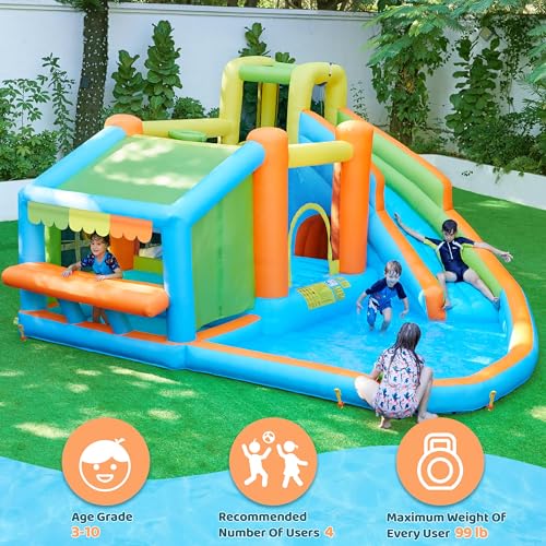Yaheetech Inflatable Bounce House, Water Bouncer Castle for Kids Aged 3-10 W/Splash Pool, Toy Market Stand, Bouncer Area, Slide, Climbing Wall, Storage Bag, 520W Blower for Outdoor Backyard