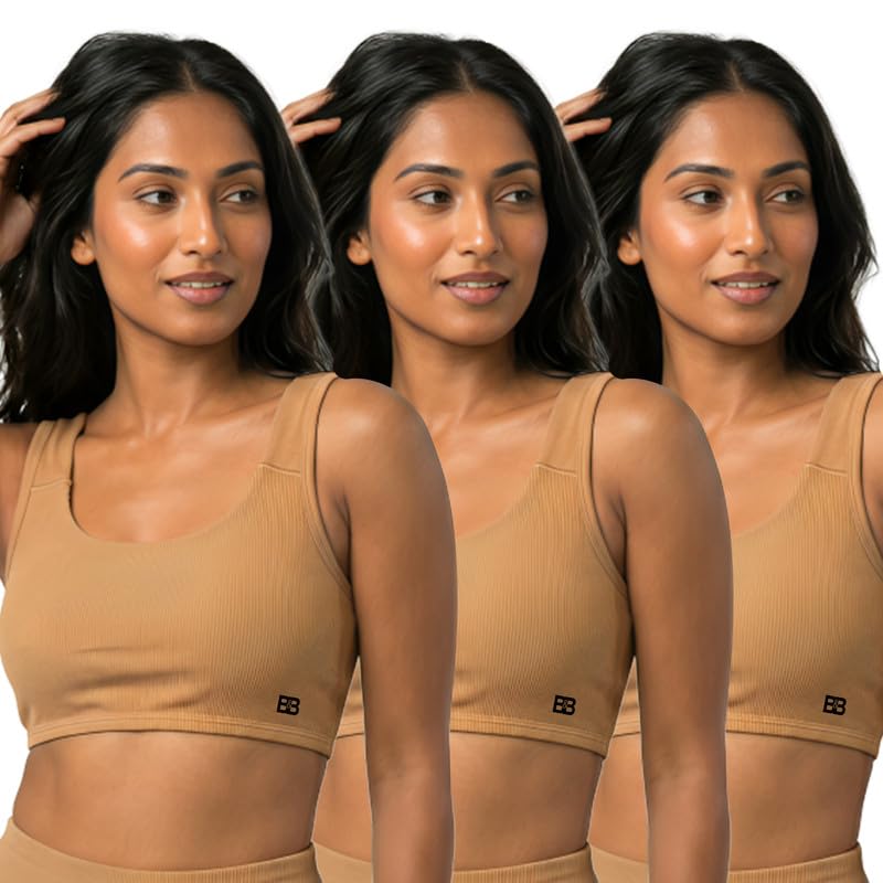 Ladies Cotton Blend Workout Sports Bra Wire Free Pad Insert U Neck Training Yoga Running Bra Medium Support (Pack of 3) Cream-image-10