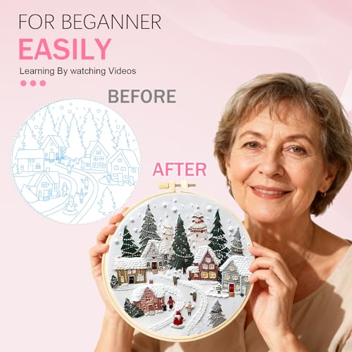 Image of Huacan Embroidery Kit for Beginners Adults, Easy Needlepoint Kits for Adults with Stamped Embroidery Patterns. (Village)