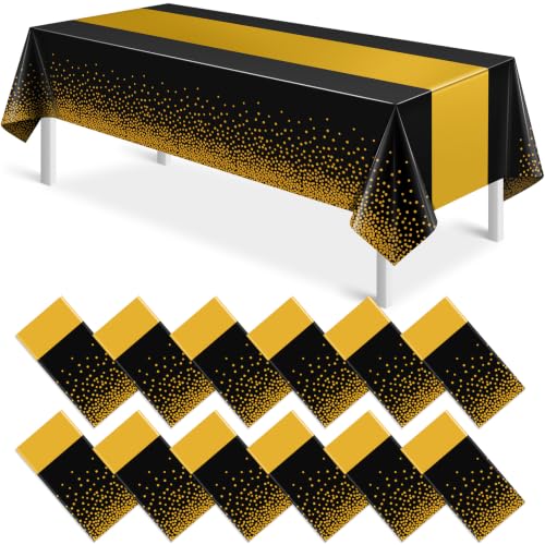 Image of 12Pcs Black and Gold Tablecloth Party Decorations,Plastic Black Table Cloth Printed Gold Table Runner Disposable Rectangle Table Cover for Birthday Retirement Anniversary Graduation Party,54 x108 Inch