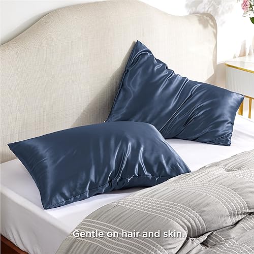 Image of Bedsure Satin Pillowcase with Zipper, Similar to Silk Pillow Cases 2 Pack, Silky & Soft Satin Pillow Cases Standard Size for Hair and Skin, Gifts for Women Men, Blue, 20x26 Inches