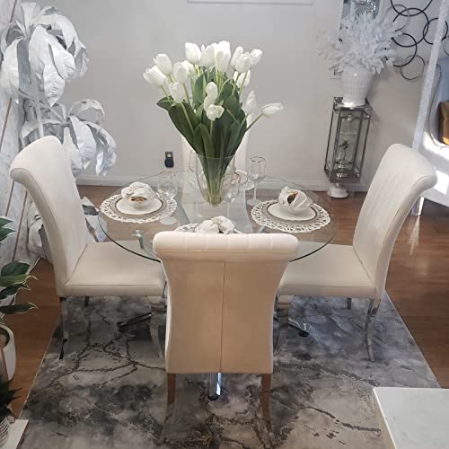 Azhome Dining Chairs Set Of 6, Beige Velvet Upholstered Dining Room Chairs With Silver Mirror Stainless Steel Cabriole Legs #TOP5