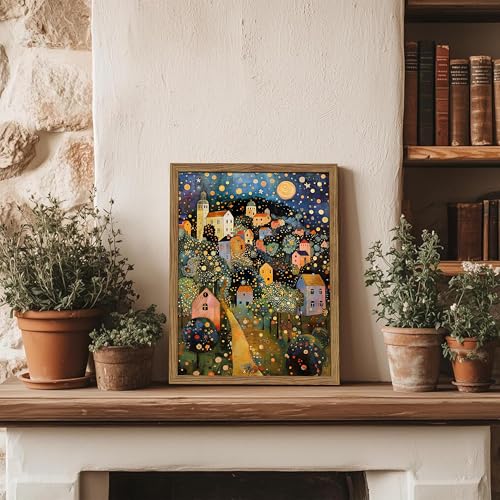 Image of Abstract Moon Stars Tree Framed Canvas Wall Art - Vintage Gustav Klimt Style Oil Painting Print, Village Night Landscape Decor for Living Room Bedroom Nursery Office 8x10 inch