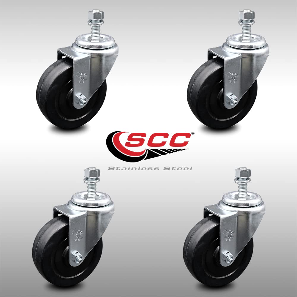 Stainless Steel Soft Rubber Swivel Threaded Stem Caster Set of 4 w/4