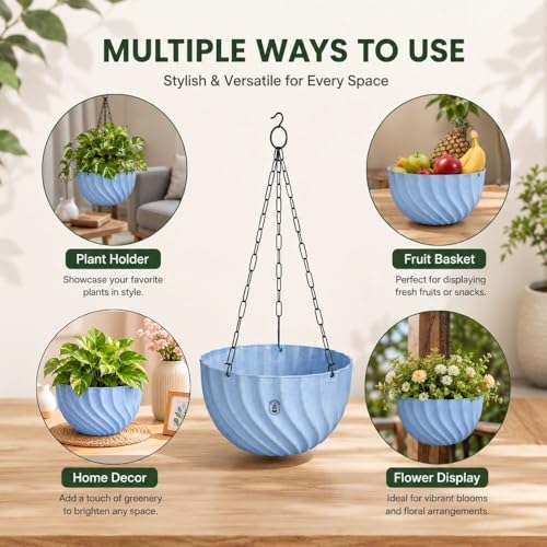 Image of Urban Upvan Hanging Planters with Chain | Uv-Protected Rattan Style Plastic Flower Pots for Balcony, Indoor Plants, Garden, Terrace & Home Decor Multicolour (Set of 3)