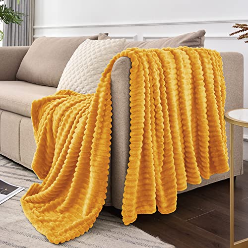 Image of BEDELITE Fleece Throw Blanket for Couch - 3D Ribbed Jacquard Soft and Warm Decorative Fuzzy Blanket - Cozy, Fluffy, Plush Lightweight Mustard Yellow Throw Blankets for Bed, Sofa, 50x70 inches