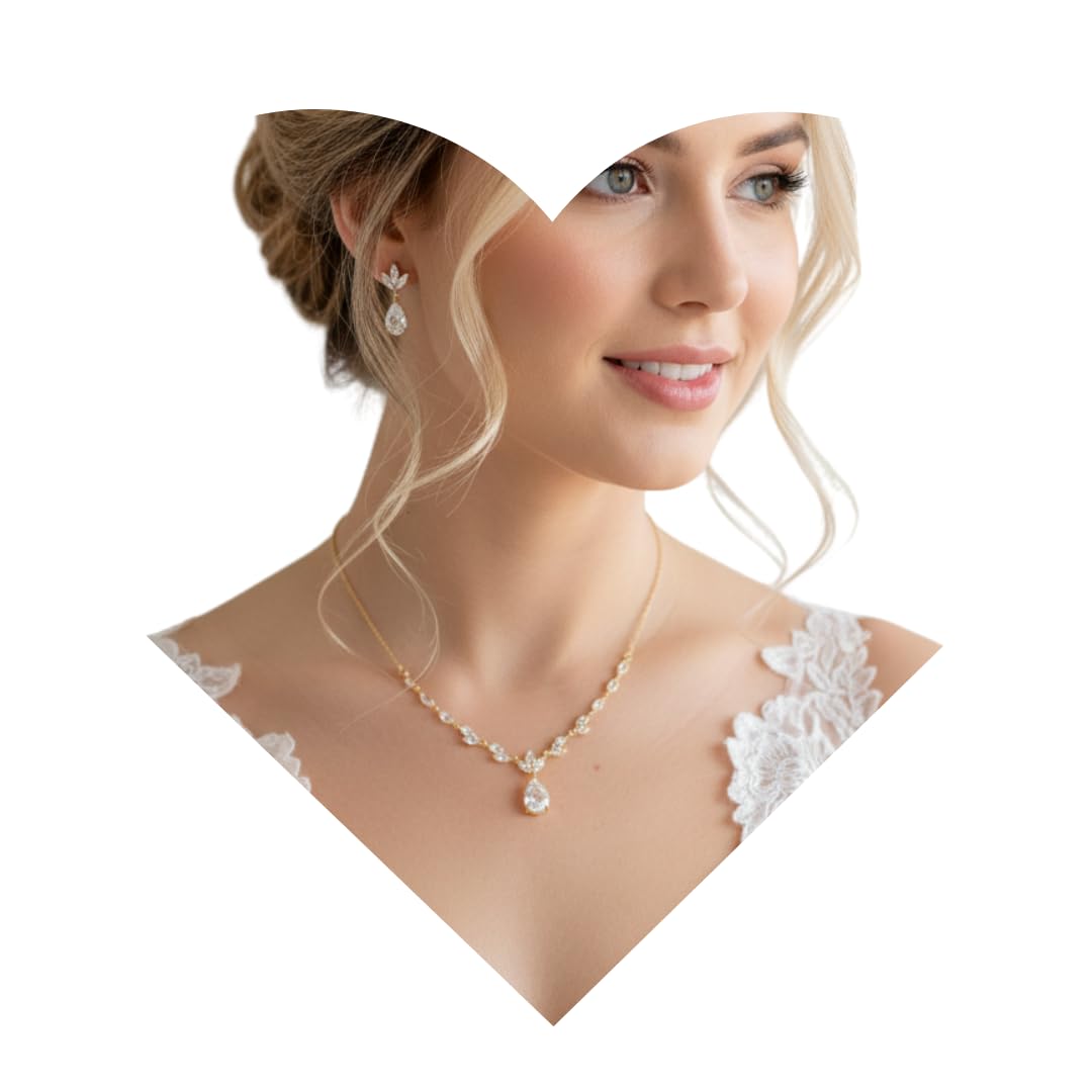 Brautschmuck Set Gold – Halskette 43–50 cm & Ohrringe mit AAA+ Zirkonia – Eleganter Hochzeitsschmuck Damen Tropfen Design