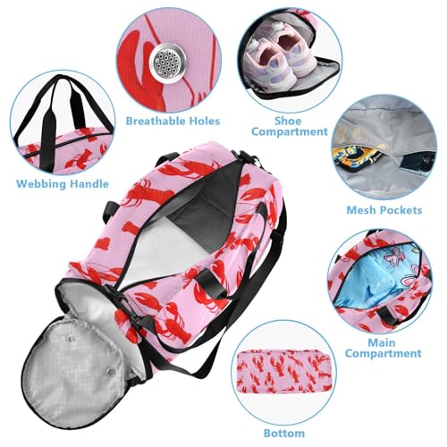 Lobster Pink Red Kids Travel Duffel Bag for Boys Girls Overnight Weekend Tote Bag with Shoes Compartment for Trip Beach Gym4