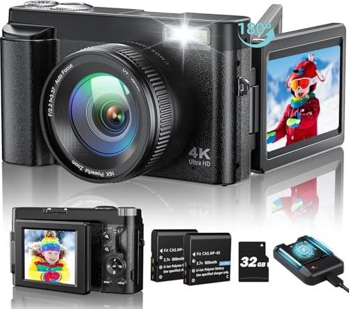 4K Digital Camera 48MP Autofocus Compact Digital Camera with 32GB Card, 3'' 180°Flip Screen 16X Digital Zoom Camera with 2 * 800 mAh Batteries for Beginners
