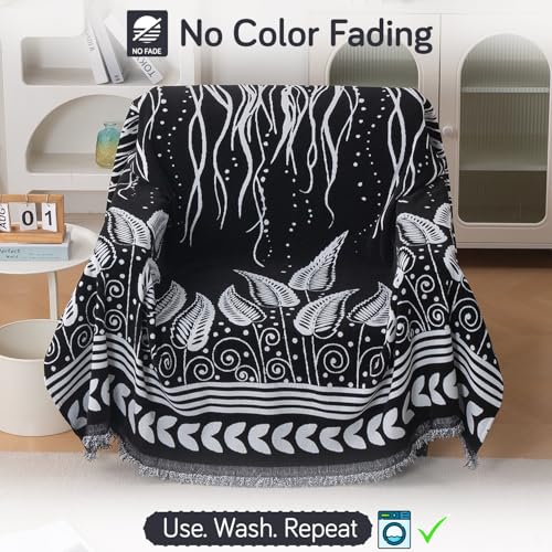 Image of HOKIPO Printed 320 GSM Chenille Sofa Cover Throw Blanket for 1 Seater Sofa - All Season, 'Serene Abode Series' Black Fern Tribal (180x180 cm) (AR-6631-D4)