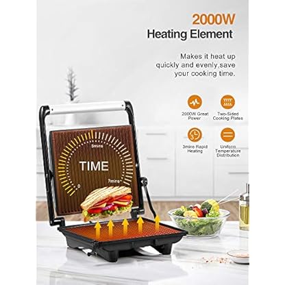 Kontaktgrill Panini Grill, Sandwichtoaster, 2000W Elektrische Tischgrills für Sandwiches, Steak und als Panini… – Bild 3