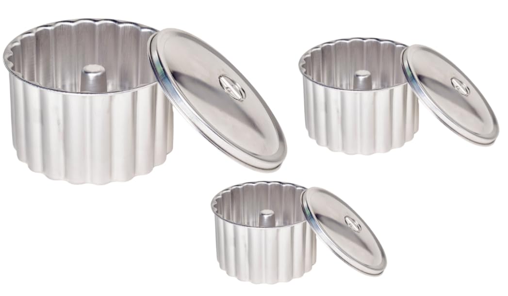 Pack de 3 Moldes de Flan con Tapa Hermética de Aluminio Pulido – 14x9 cm, 18x11 cm y 20x12 cm – Aptos para Baño María y Postres Caseros