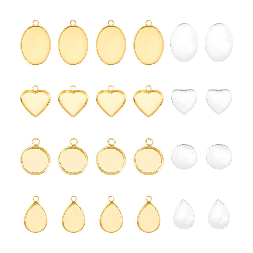 UNICRAFTALE Set 32 Pezzi Ciondolo In Acciaio Inossidabile con 4 Stili - Rotondo, Ovale, Cuore, Goccia con Lunetta Vuota e Cabochon In Vetro - Base Dorata