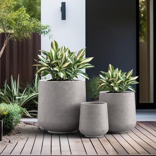 Image of Kante Set of 3 CON Gray Concrete Curved Planters 16.5 inch 13 inch 9.4 inch Dia | Drainage for Outdoor, Rubber Plug for Indoor Home, All-Weather Cement Pot, Handcraft, Lightweight & Durable, Anti-UV, Round