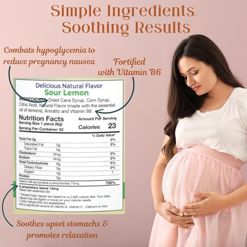 Image of Three Lollies Preggie Drops Plus Pregnancy Nausea Relief Drops with 10 mg Vitamin B6 and Essential Oils, Morning Sickness and Queasy Stomach Support for Pregnant Women, Sour Lemon, 32 Count