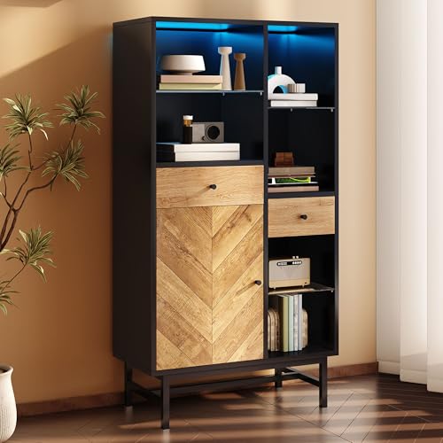 Doyisy Vitrina con tira de luz LED de 12 colores, armario de cocina con cajones y estantes de cristal, grano de madera triangular 80 x 40 x 150,5 cm