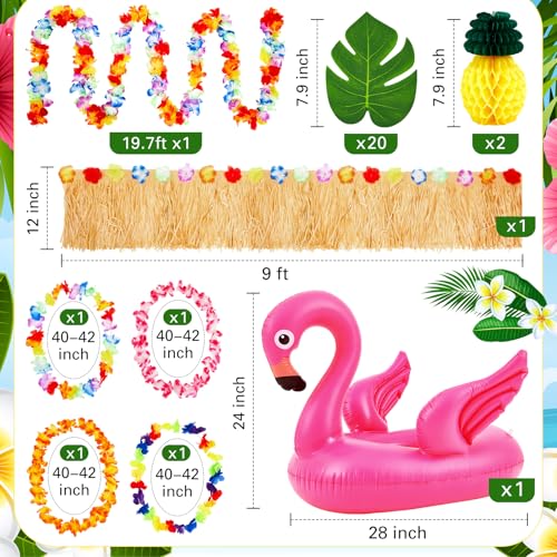 Image of WinnerWhy 29 Pcs Summer Tropical Golf Cart Parade Decorations Tropical Flower Leis Tinsel Garland Grass Fringe Banner Inflatable Flamingo Tube Paper Pineapples Leaves for Luau Party Supplies